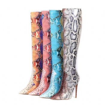 Snakeskin pattern high-top leather boots
